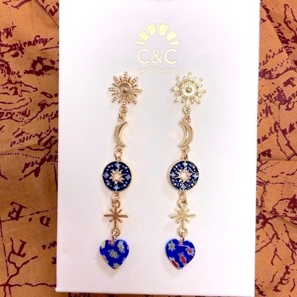 Brand New C&C California Gold Tone Blue Flower Heart Moon Star Drop Earrings - Picture 8 of 14